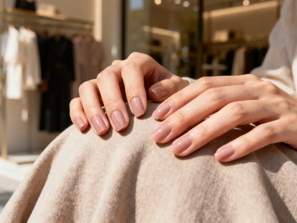 Elegancki manicure na zadbanych dłoniach, idealnie dopełniający stylizację w naturalnym, ciepłym świetle.