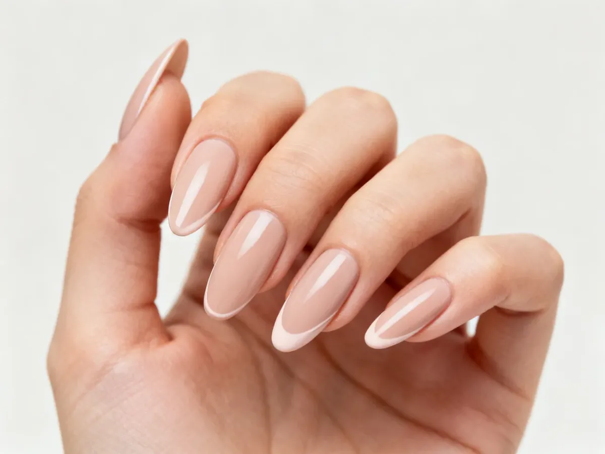 Dłoń z wysmuklającym manicure w kształcie migdała i owalu
