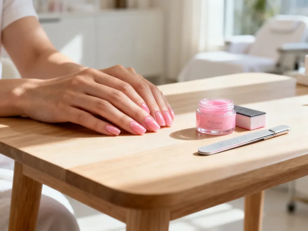 Zadbane paznokcie po manicure japońskim z widocznym zdrowym połyskiem oraz zestawem narzędzi do zabiegu na drewnianym stole.