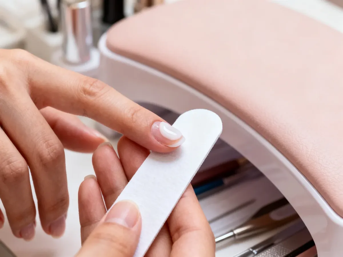 Stylistka podkłada papierową formę pod paznokieć i modeluje żel budujący