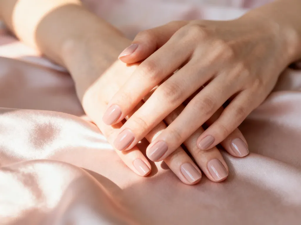 Elegancki, minimalistyczny manicure na dłoniach spoczywających na jedwabiu, idealny jako inspiracja do sesji zdjęciowej.
