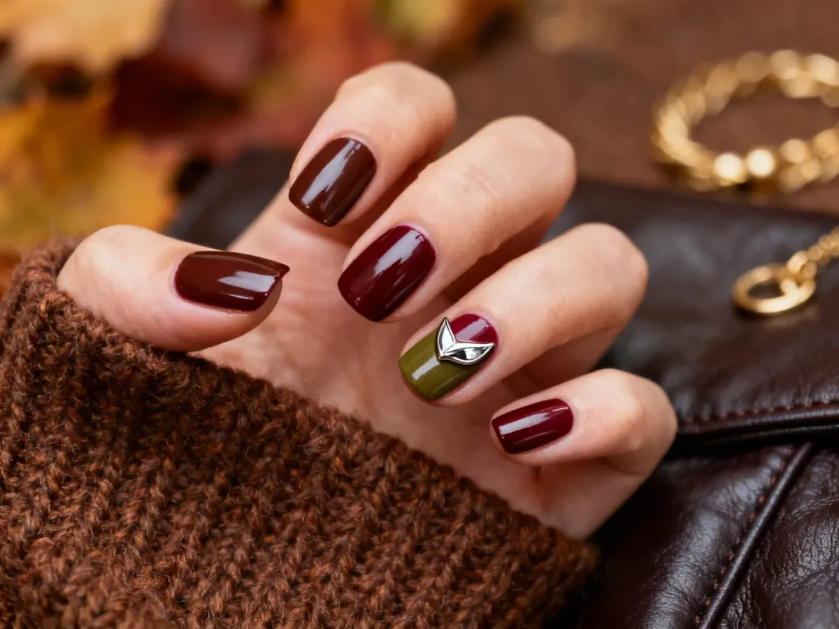 Jesienny manicure w odcieniach espresso, bordo i oliwki z połyskiem oraz chromowanym zdobieniem 3D