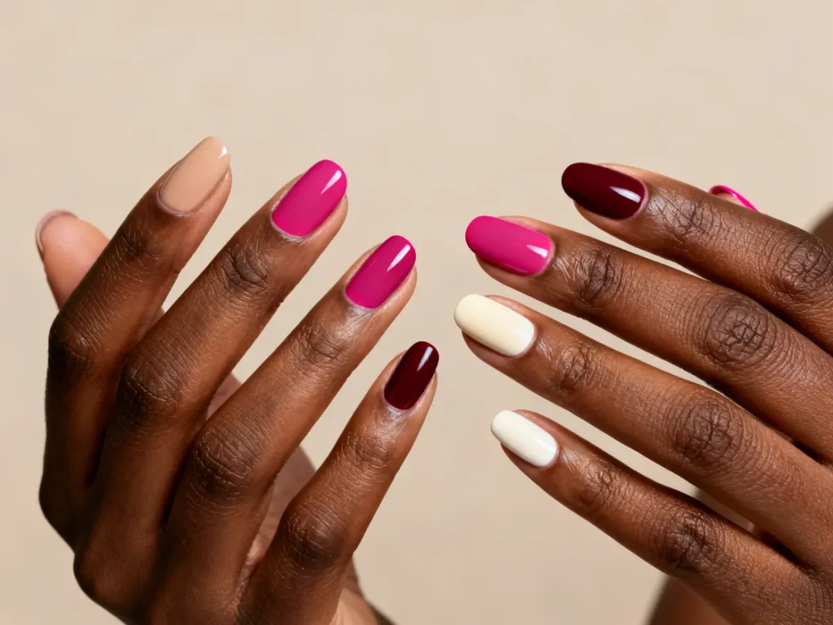 Dłonie o ciemnej karnacji z manicure w odcieniach nude, fuksji, bordo i bieli