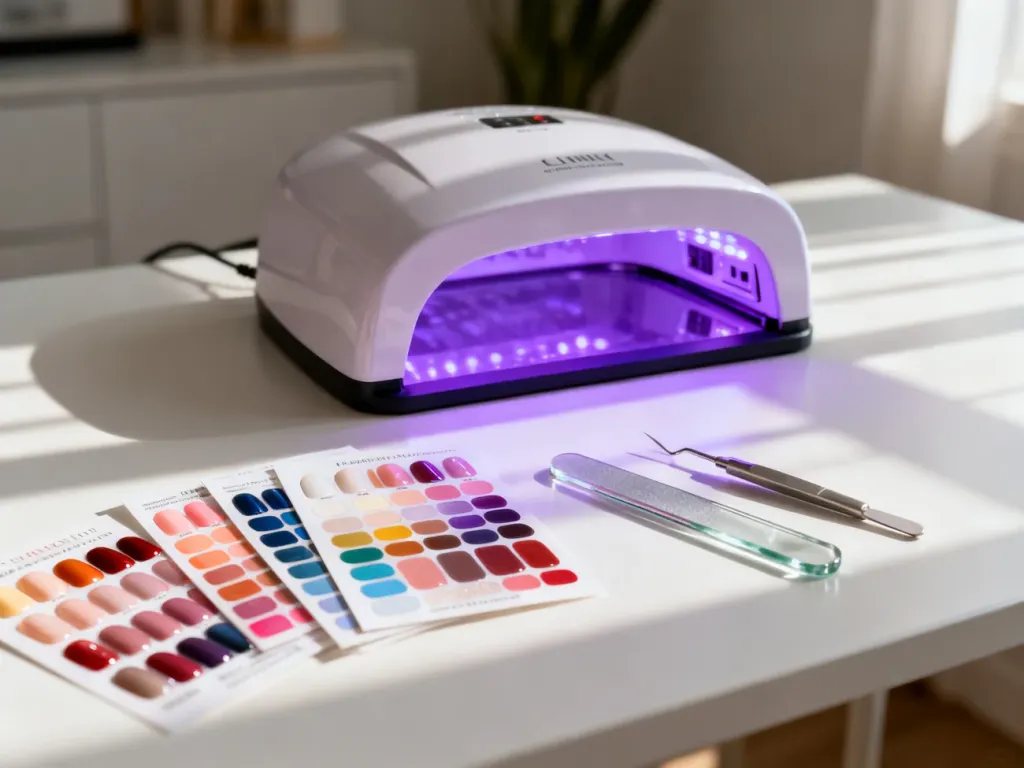 Lampa UV/LED świecąca fioletowym światłem w otoczeniu arkuszy żelowych naklejek i profesjonalnych narzędzi do manicure.
