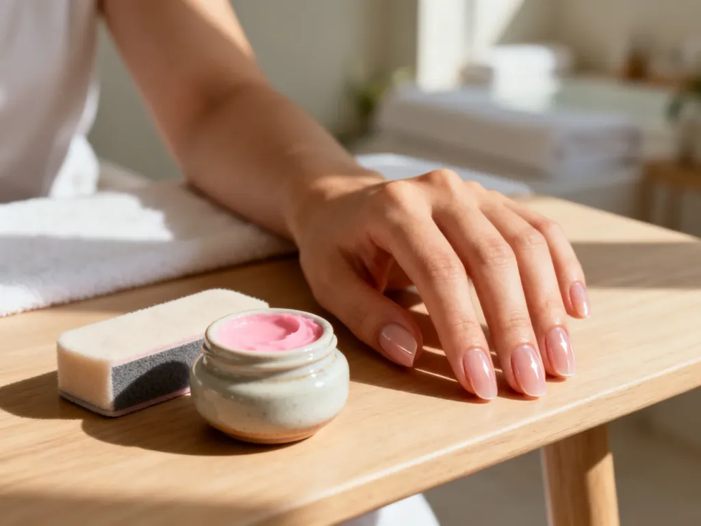 Zadbana dłoń z lśniącymi paznokciami po manicure japońskim oraz zestaw profesjonalnych akcesoriów na drewnianym stole.