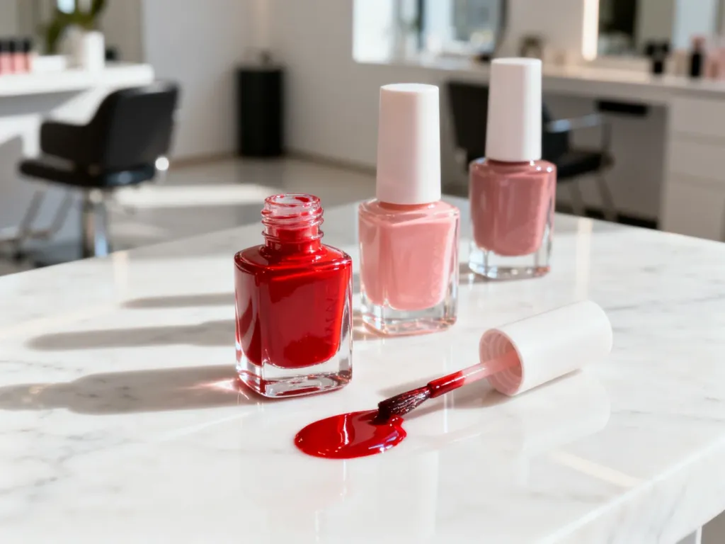 Eleganckie buteleczki lakieru Vinylux na marmurowym blacie z otwartym produktem w intensywnie czerwonym kolorze.