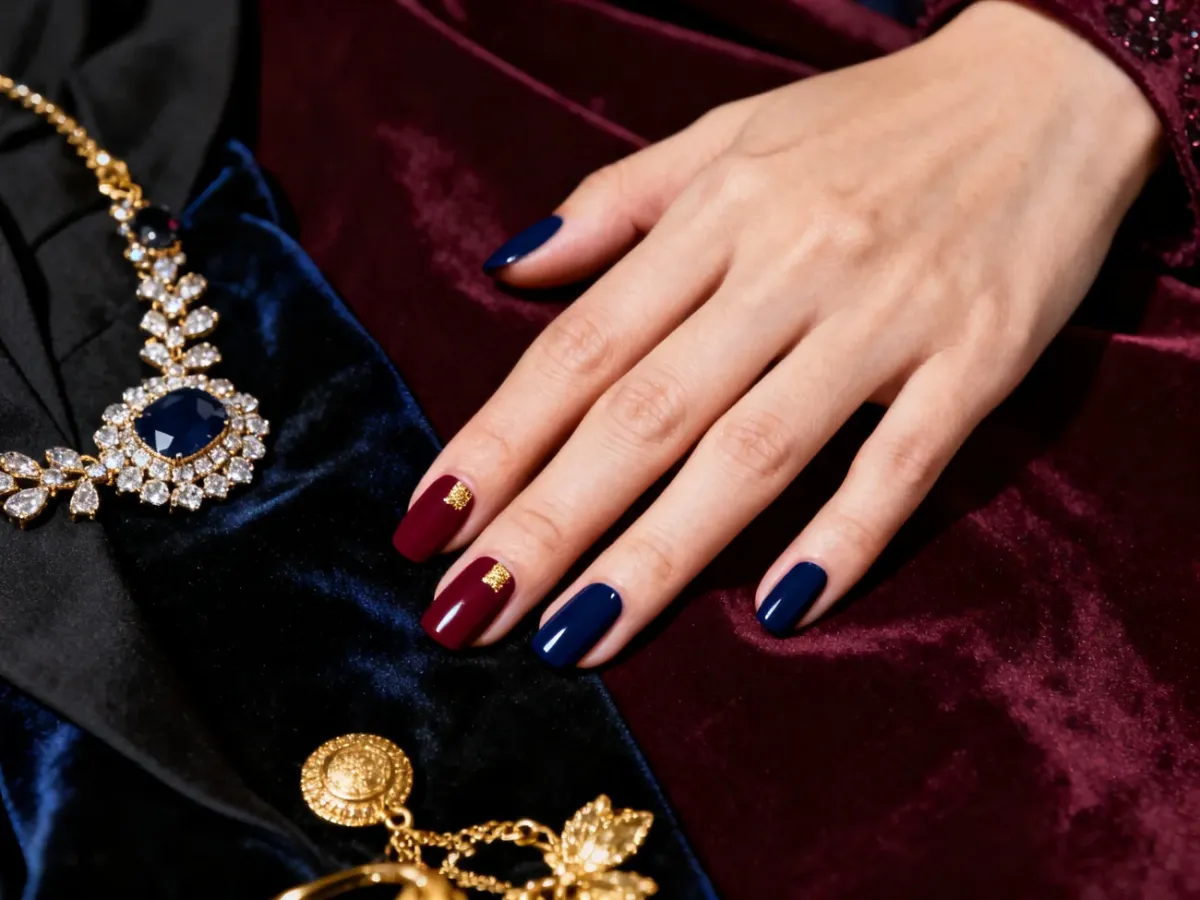 Dłoń z eleganckim granatowym manicure i burgundowym akcentem