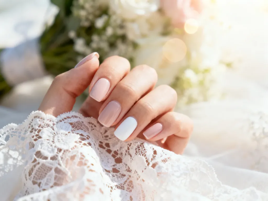 Elegancki, minimalistyczny manicure ślubny w odcieniach nude i bieli na tle delikatnej koronki w romantycznym świetle.