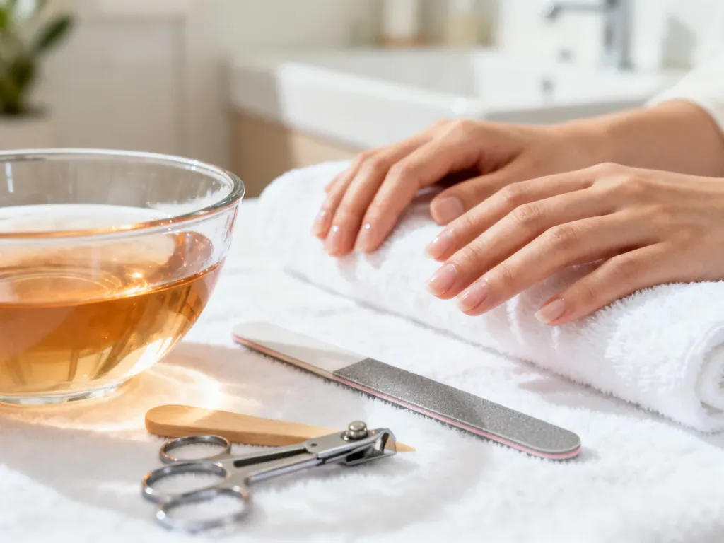 Zestaw do manicure z miseczką ciepłej wody, pilnikiem i patyczkiem do skórek, przygotowany do usuwania paznokci tytanowych.