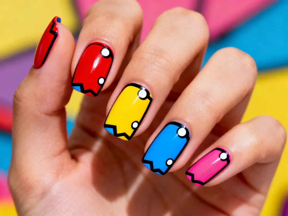 Kolorowy manicure comic nails z czarnymi konturami i białymi blikami