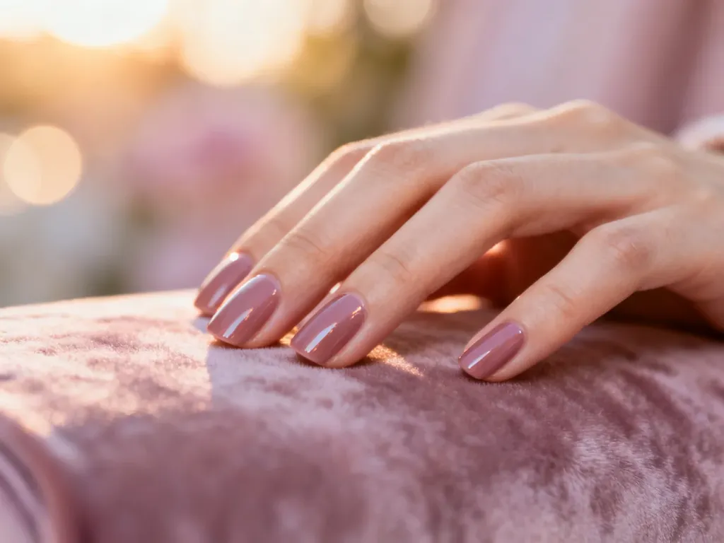 Dłoń z eleganckim, błyszczącym manicure w modnym odcieniu sezonu, zaprezentowana w miękkim, profesjonalnym oświetleniu.