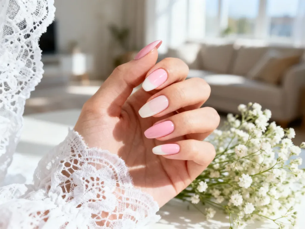 Elegancki manicure w odcieniach pudrowego różu i mlecznej bieli na zadbanych paznokciach o kształcie migdałków.