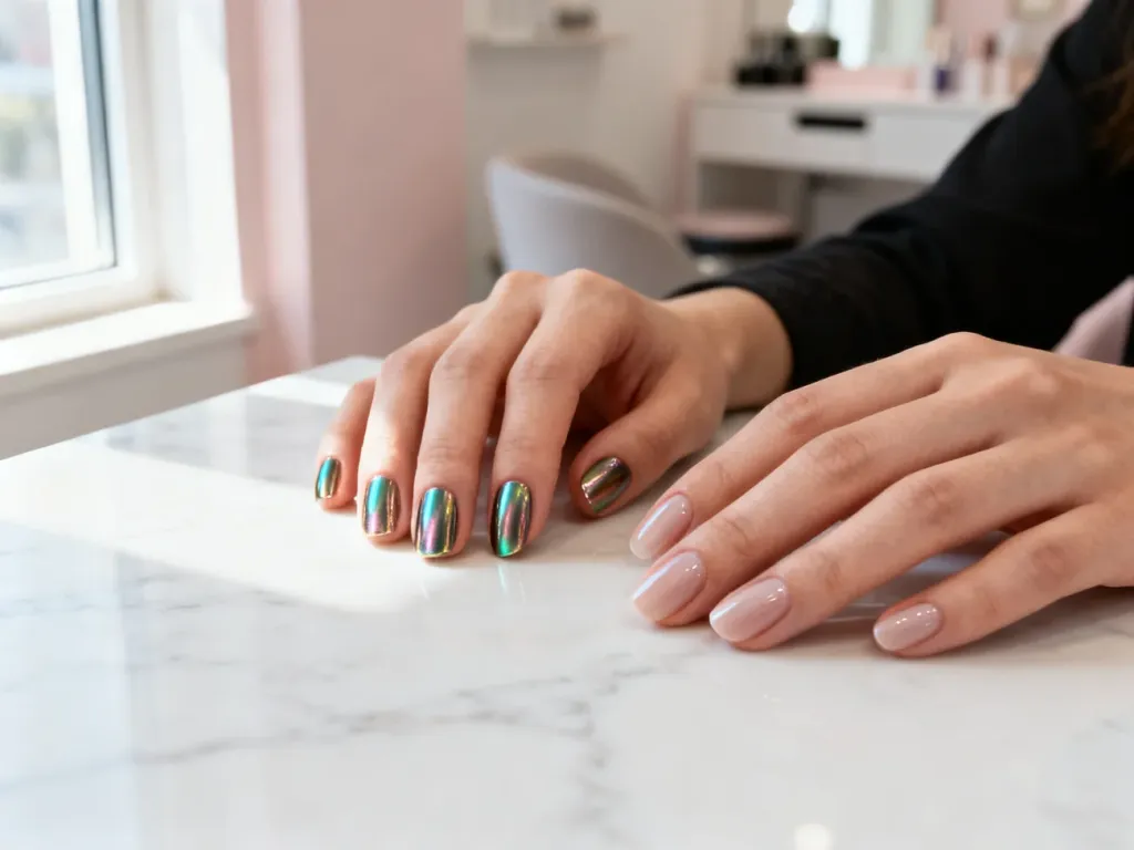 Porównanie dłoni z manicure tytanowym i hybrydowym na marmurowym blacie, prezentujące estetykę obu metod stylizacji paznokci.