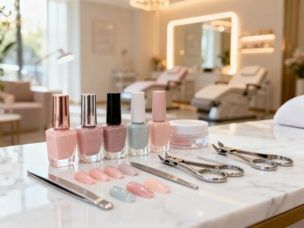 Profesjonalne narzędzia do manicure i lakiery w pastelowych kolorach na marmurowym blacie w nowoczesnym salonie kosmetycznym.