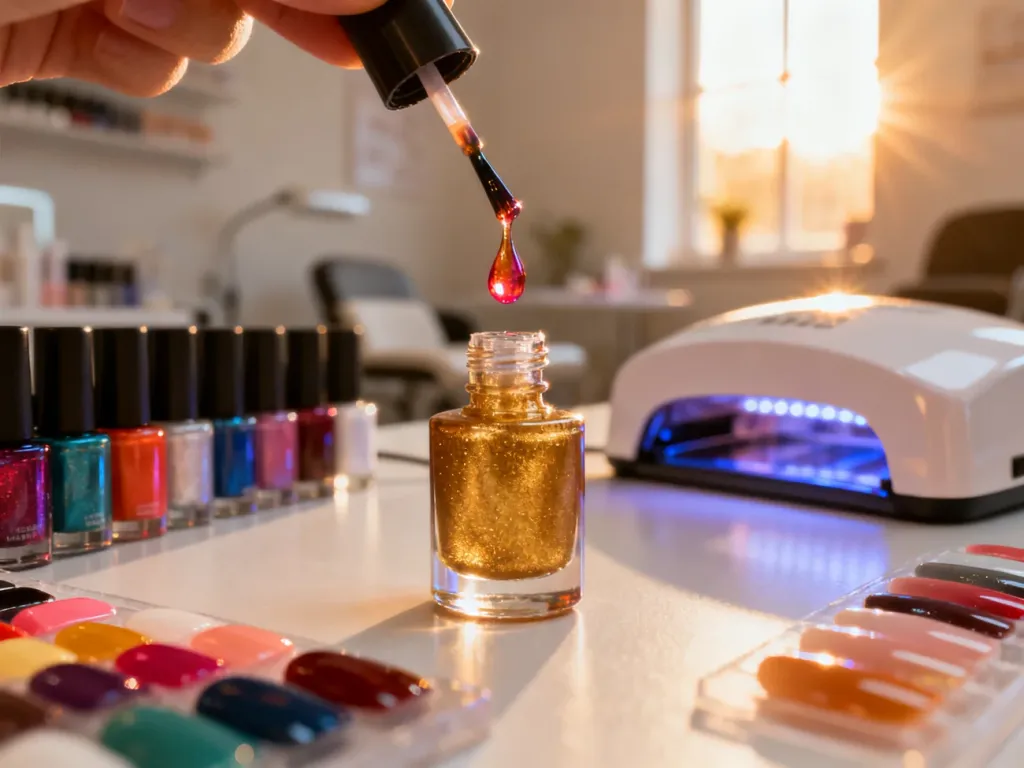 Stanowisko do manicure z otwartym lakierem hybrydowym, lampą UV i kolorowymi buteleczkami w profesjonalnym salonie.