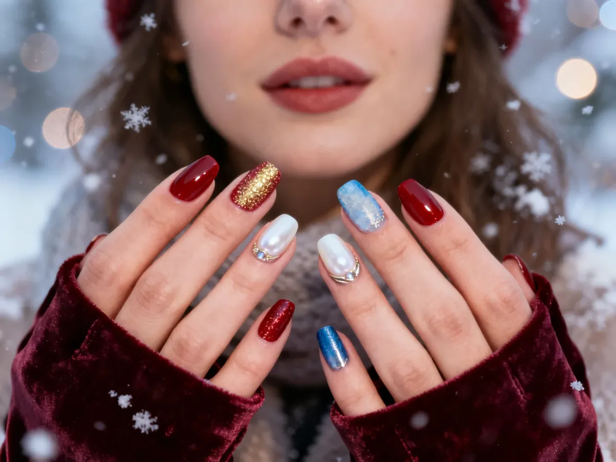 Dłonie z eleganckim zimowym manicure w czerwieni, złocie i lodowych odcieniach