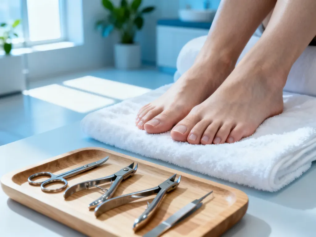 Zadbane stopy na białym ręczniku oraz profesjonalne narzędzia do pedicure na drewnianej tacy w nowoczesnym salonie spa.