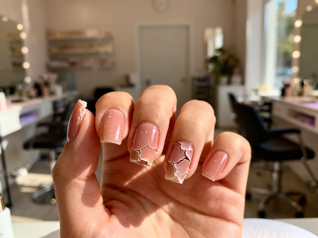 Zbliżenie na uszkodzony, odpryskujący manicure hybrydowy na paznokciach dłoni w profesjonalnym salonie kosmetycznym.