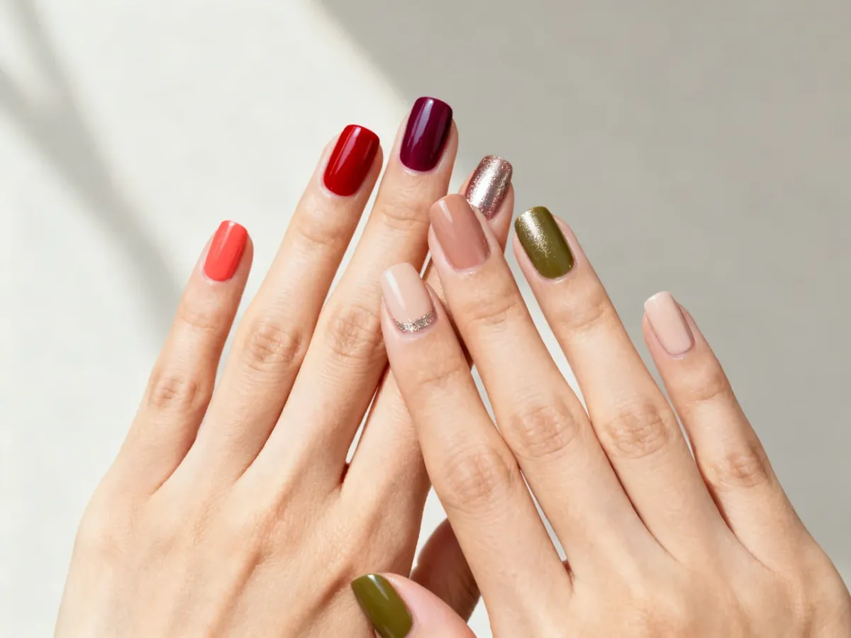 Zadbane dłonie z manicure w różnych odcieniach dopasowanych do podtonów skóry