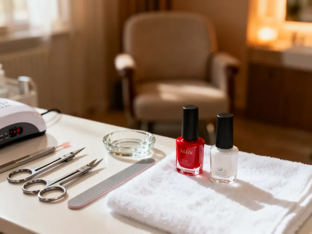 Profesjonalne stanowisko do pedicure z narzędziami oraz lakierami klasycznymi i hybrydowymi na białym ręczniku.