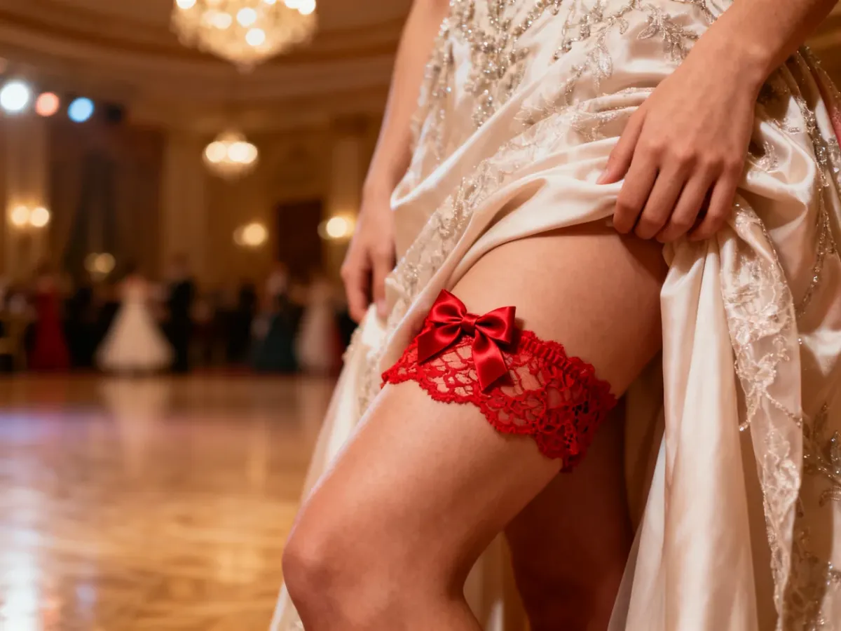 Czerwona koronkowa podwiązka na nodze pod elegancką sukienką studniówkową