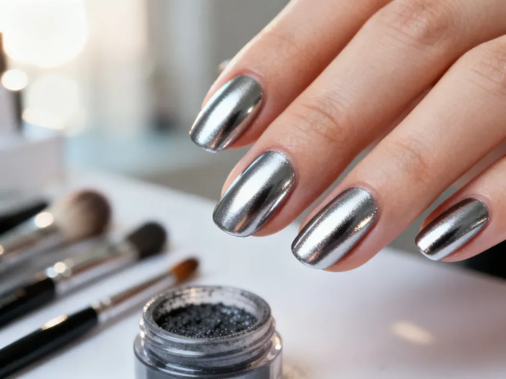 Dłonie z idealnie wykonanym srebrnym efektem lustra na paznokciach oraz zestawem akcesoriów do manicure w tle.