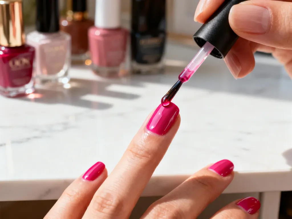 Pędzelek nakładający błyszczący top coat na pomalowany paznokieć, podkreślający efekt gładkiej i lśniącej powierzchni.