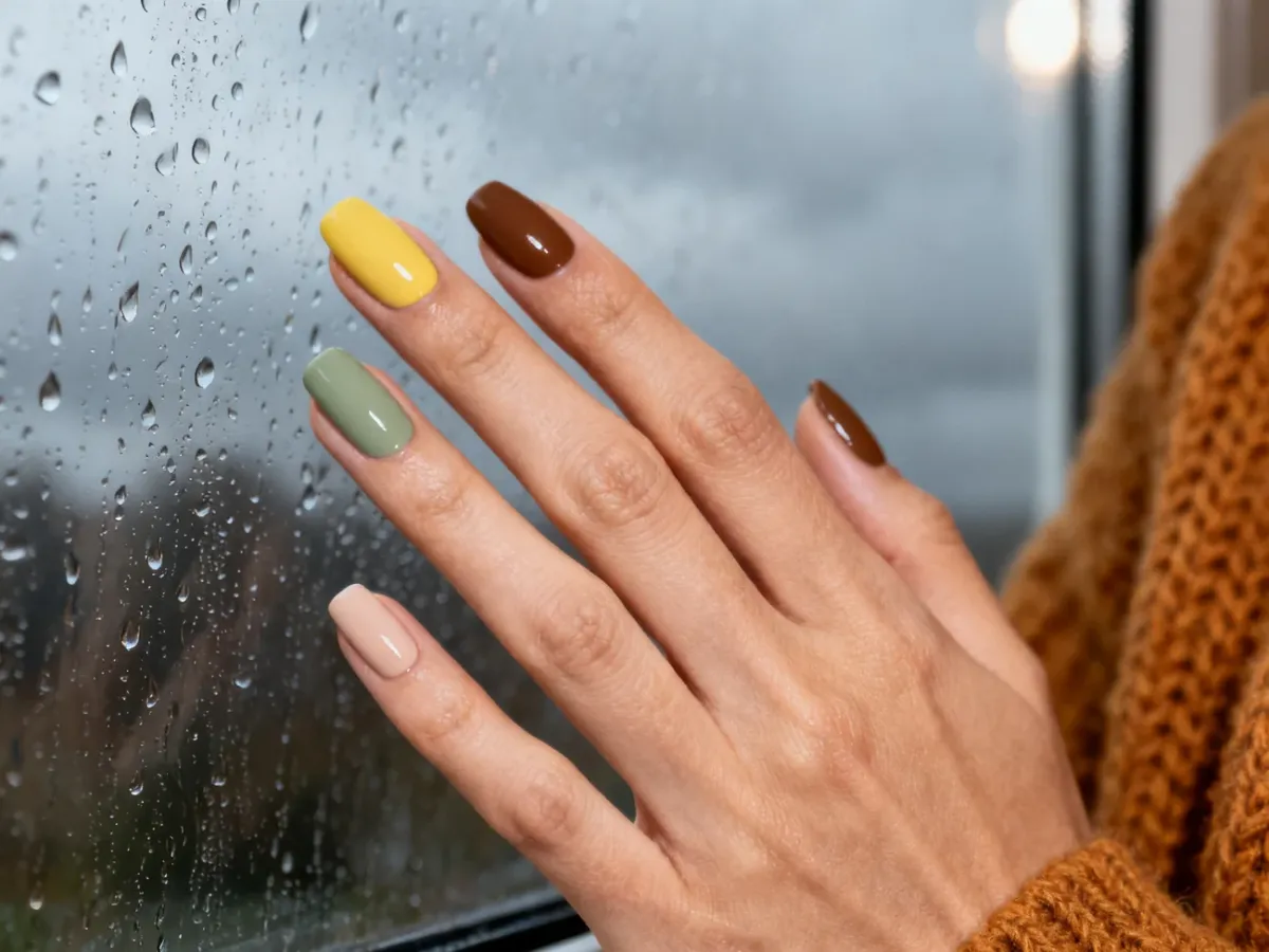 Dłonie z eleganckim manicure w maślanym żółtym, szałwiowym i brązowym kolorze przy deszczowym oknie