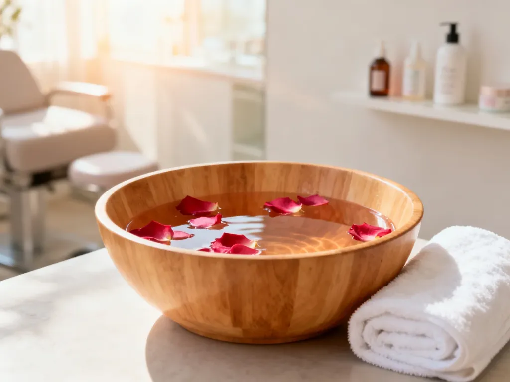 Miska z ciepłą wodą i płatkami róż przygotowana do zabiegu pedicure w profesjonalnym salonie kosmetycznym.