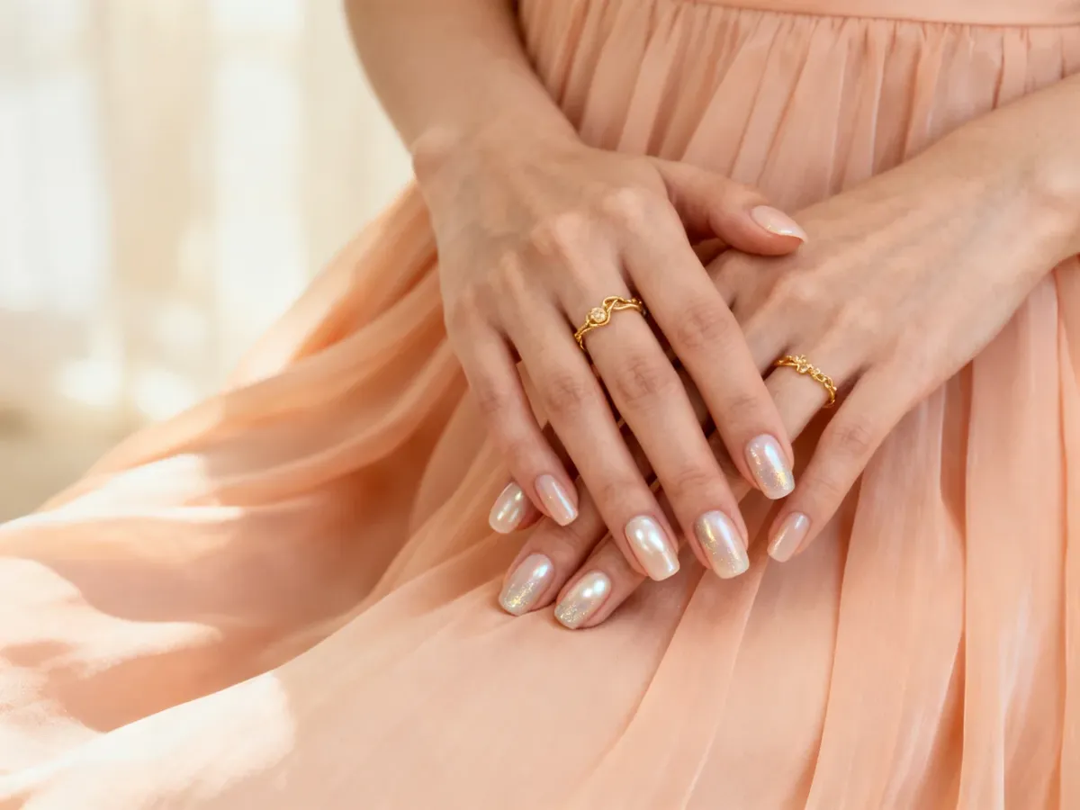 Dłonie z mlecznym perłowym manicure przy brzoskwiniowej sukience i złotej biżuterii
