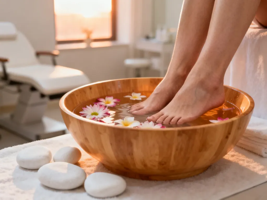 Drewniana misa z wodą, płatkami kwiatów i kamieniami w profesjonalnym salonie spa, przygotowana do zabiegu pedicure.