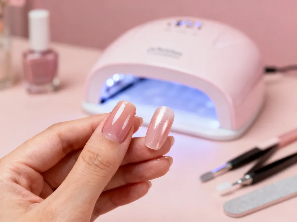 Dłoń z manicure klasycznym i żelowym obok lampy UV/LED