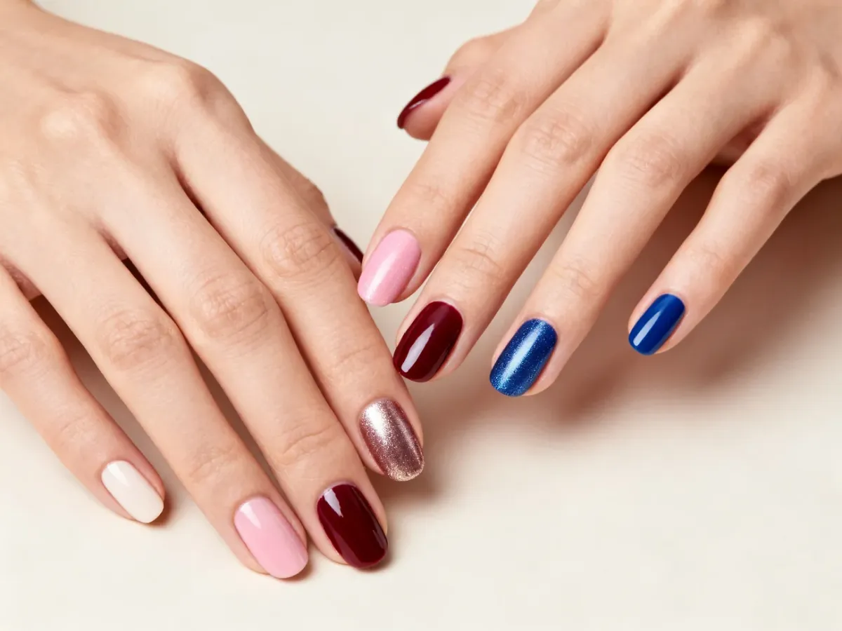 Dłonie z modnym manicure w naturalnych i wyrazistych kolorach