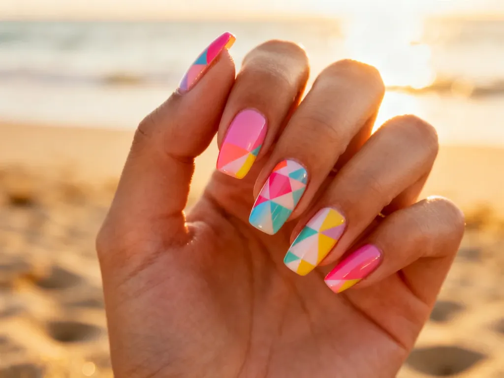 Dłoń z modnym, letnim manicure w pastelowe wzory geometryczne na tle rozmytej, słonecznej plaży.