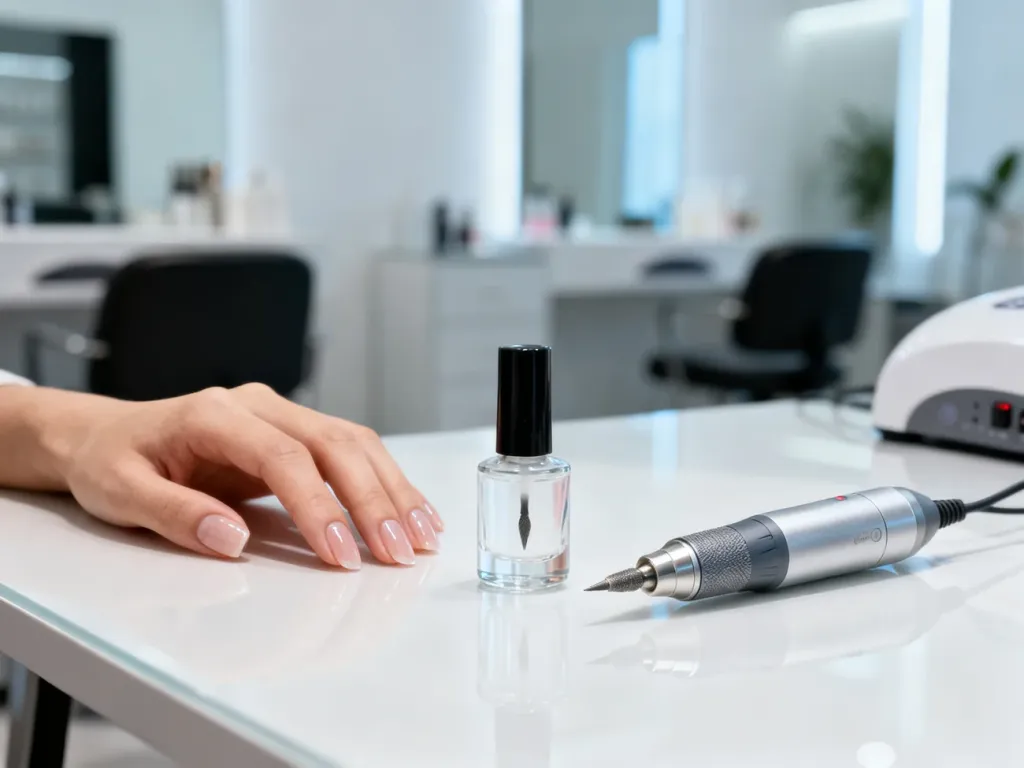 Zestawienie zmywacza do paznokci i frezarki na stole w salonie kosmetycznym, ilustrujące porównanie metod usuwania manicure.