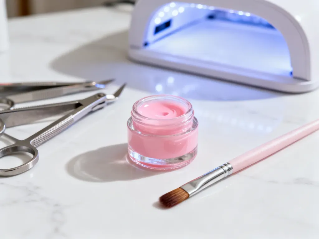 Zestaw narzędzi do manicure, pędzelek oraz słoiczek z różowym żelem budującym na marmurowym blacie.