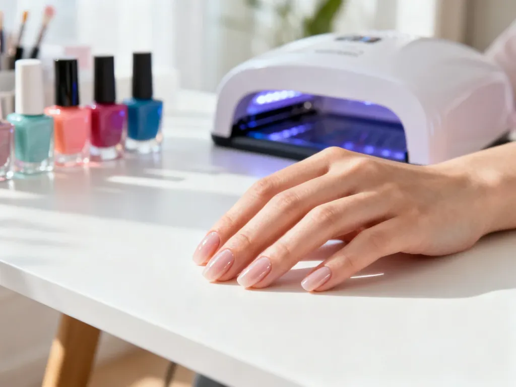 Zadbana dłoń z idealnie pomalowanymi paznokciami na tle profesjonalnych akcesoriów do manicure.