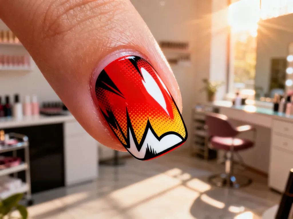 Dłoń z modnym manicure typu „comic nails” z wyrazistym czarnym konturem i efektem 2D w stylu komiksowym.
