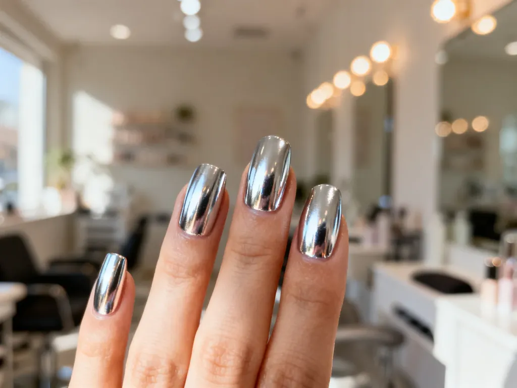Dłoń z idealnie wykonanym metalicznym manicure o lustrzanym wykończeniu w estetycznym salonie kosmetycznym.