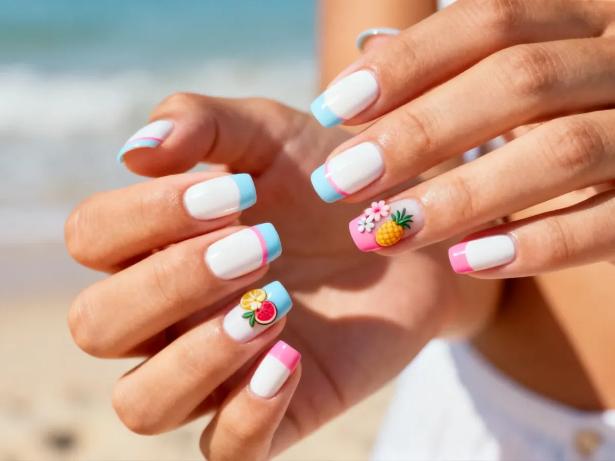 Kolorowy letni manicure z bielą, pastelami i delikatnymi wzorami