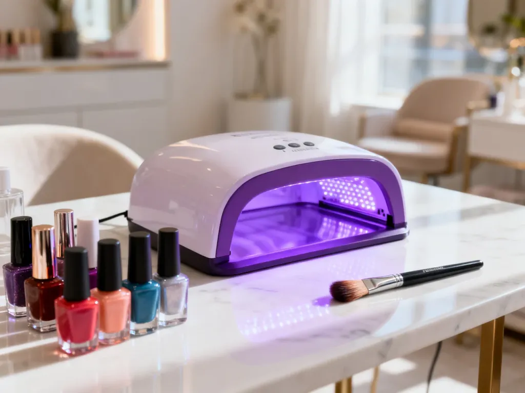 Profesjonalna lampa UV/LED do manicure hybrydowego z zestawem lakierów na marmurowym blacie w salonie kosmetycznym.