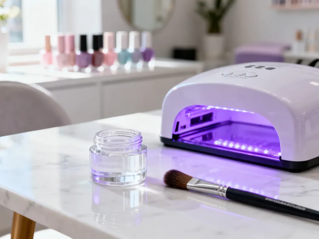 Profesjonalny zestaw do manicure z żelem, pędzelkiem i lampą UV na marmurowym blacie w salonie kosmetycznym.