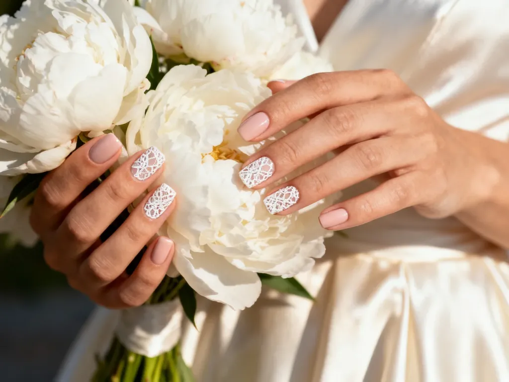 Elegancki ślubny manicure w kolorze nude z białym koronkowym wzorem, prezentowany przy bukiecie białych piwonii.