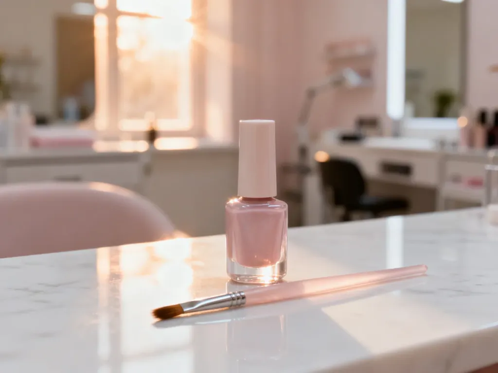 Elegancka buteleczka z produktem do manicure i pędzelek na marmurowym blacie w jasnym, profesjonalnym salonie kosmetycznym.