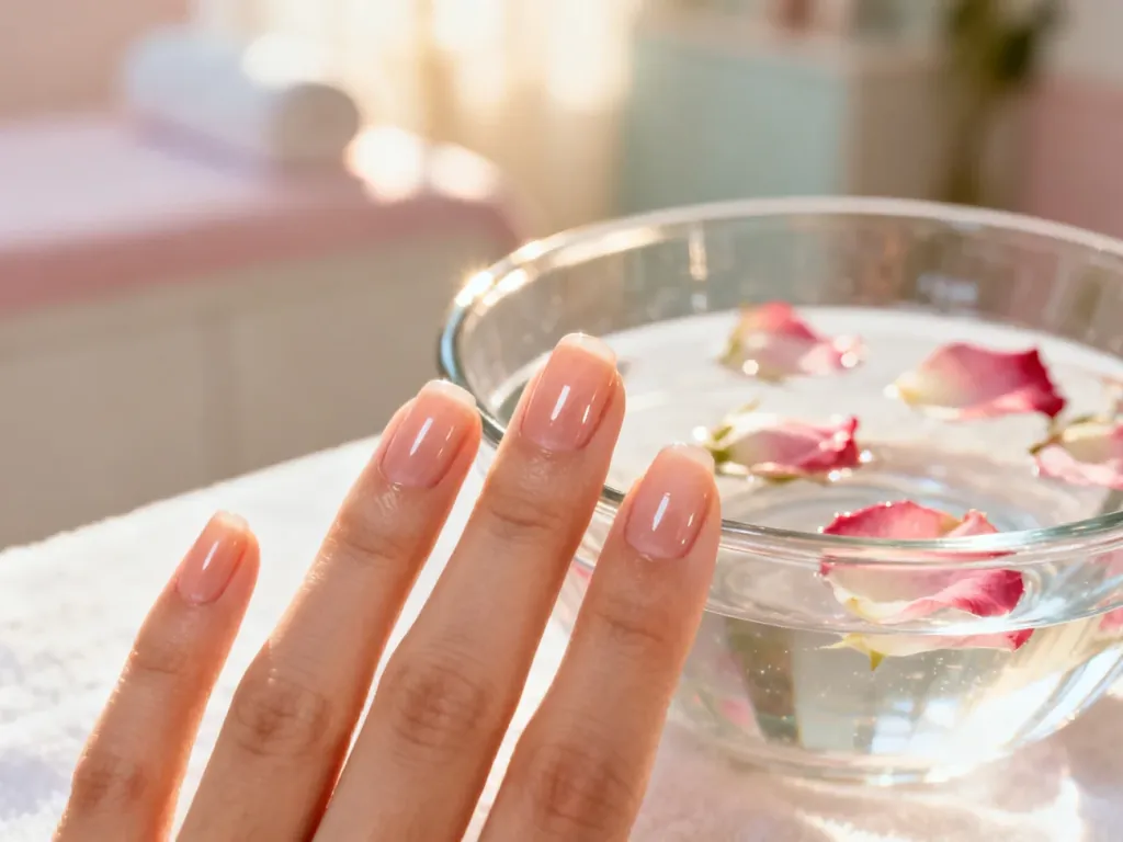 Zadbane, naturalne paznokcie z połyskiem w otoczeniu płatków róż, symbolizujące zdrową regenerację po manicure hybrydowym.