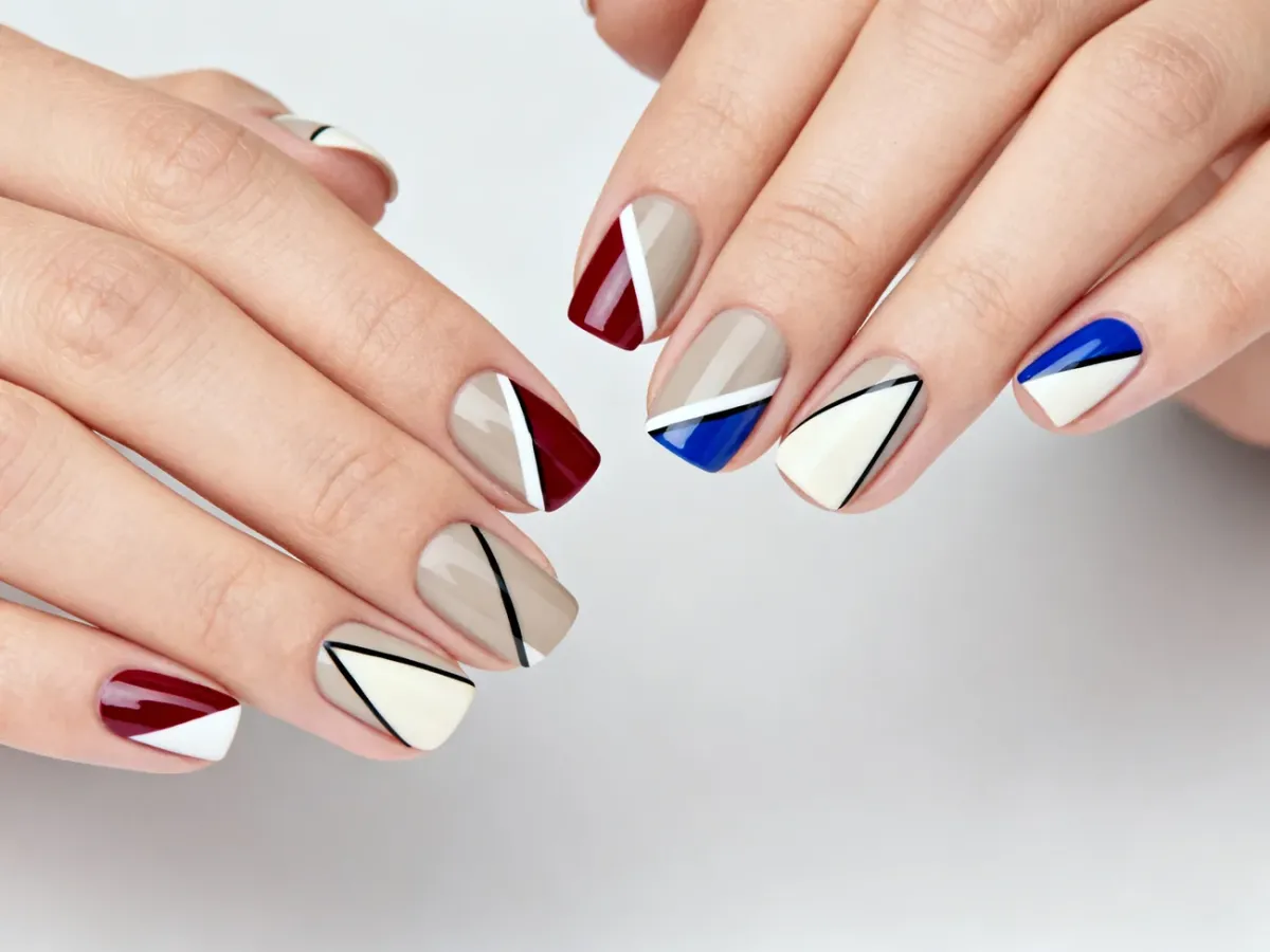 Manicure z geometrycznymi wzorami, liniami i trójkątami na paznokciach