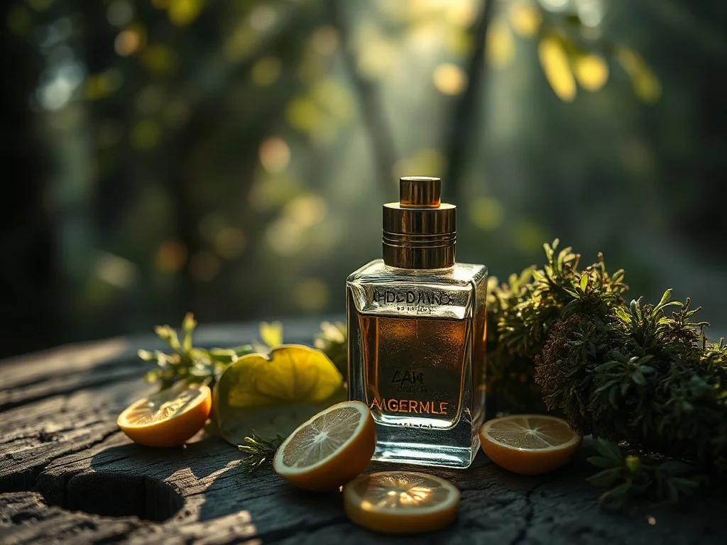 Szklany flakon perfum otoczony mchem dębowym, bergamotką i żywicą labdanum na drewnianym stole, podkreślający szyprowy charakter.
