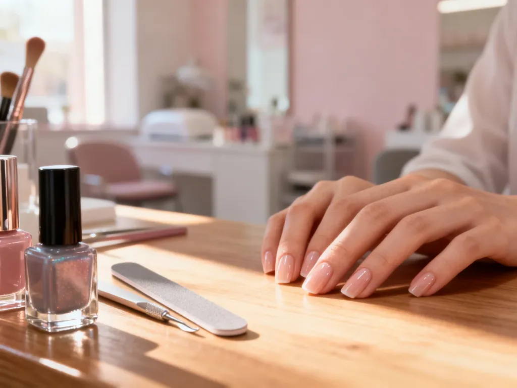 Profesjonalnie wykonany manicure z widocznymi narzędziami i lakierami w estetycznym salonie kosmetycznym.