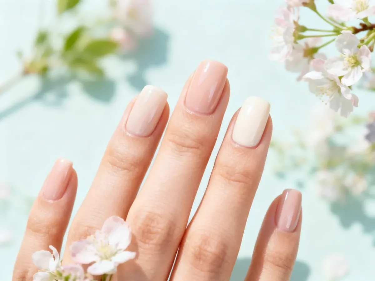 Delikatny wiosenny manicure w pastelowych kolorach z kwiatowymi akcentami