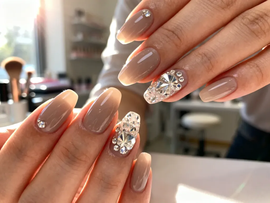 Zbliżenie na profesjonalny manicure z precyzyjnie przyklejonymi cyrkoniami na neutralnym lakierze hybrydowym.